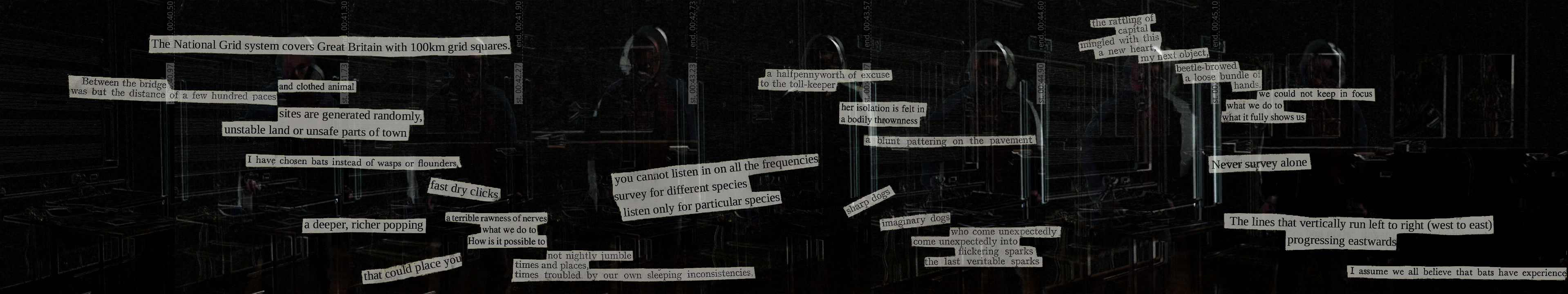 The National Grid system covers Great Britain in 100km squares
        between the bridge and clothes animal
        was but the difference of a few hundred paces
        sites are generated randomly
        unstable land or unsafe parts of town
        fast dry clicks
        a deeper, richer popping
        that could place you
        a terrible rawness of nerves
        what we do to
        how is it possible to
        not nightly jumble
        times and places
        times troubled by our own sleeping inconsistencies
        you cannot listen on all the frequencies
        survey for different species
        listen only for particular species
        a halfpennyworth of excuse
        to the toll-keeper
        her isolation is felt in
        a bodily throwness
        a blunt pattering on the pavement
        sharp dogs
        imaginary dogs
        who come unexpectedly
        come unexpectedly into
        flickering sparks
        the last veritable sparks
        the rattling of
        capital
        mingled with this
        a new heart,
        my next object
        beetle-browed
        a loose bundle of
        hands
        we could not keep in focus
        what we do to
        what it fully shows us
        Never survey alone
        The lines that vertically run left to right (west to east)
        progressing eastward
        I assume we all believe that bats have experience